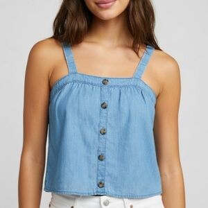 Express Chambray Crop Tank Top Light Blue Denim Look Button Front Women Small